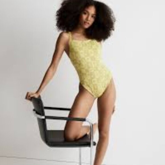 Madewell Women's Square Neck One Piece Swimsuit Citrus Lime Check Size M Beach - Picture 1 of 9